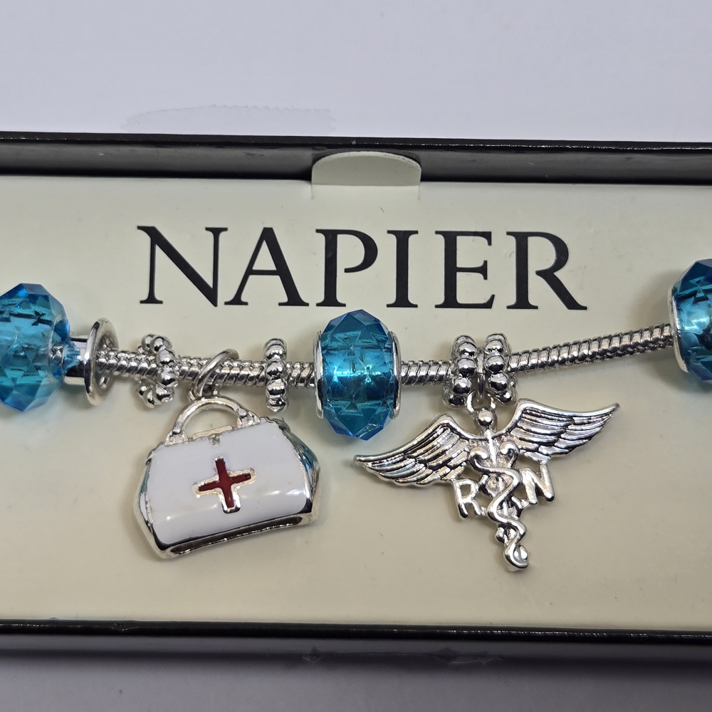 Napier Teal and Silver RN Charm Bracelet